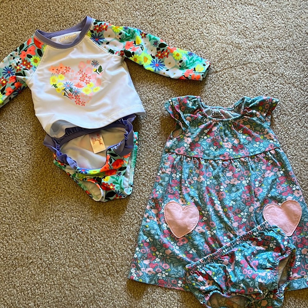 ditsy floral dress with bloomers and ditsy floral swim suit with rash guard